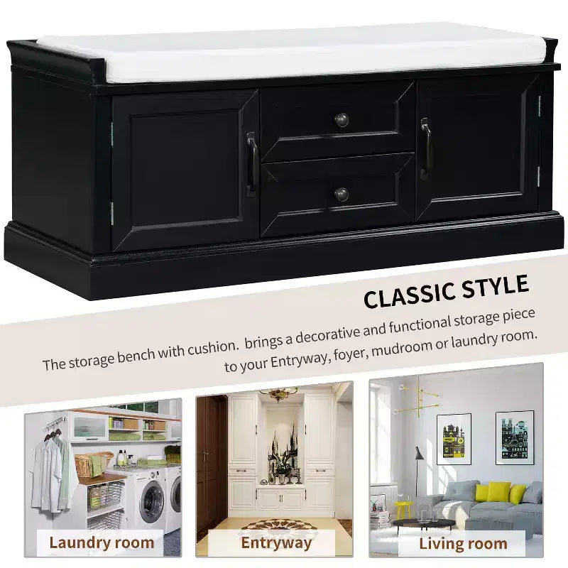 Banc de rangement TUYOHW avec 2 tiroirs et 2 placards, banc à chaussures avec coussin amovible pour salon et entrée, noir