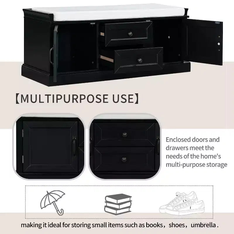 Banc de rangement TUYOHW avec 2 tiroirs et 2 placards, banc à chaussures avec coussin amovible pour salon et entrée, noir