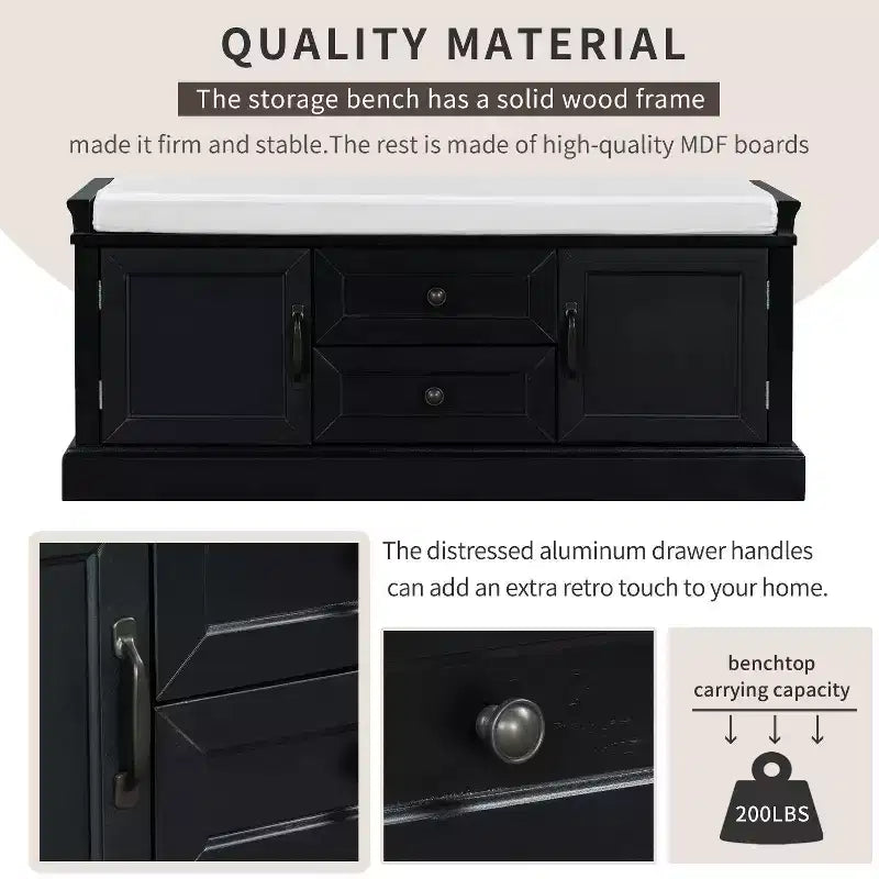 Banc de rangement TUYOHW avec 2 tiroirs et 2 placards, banc à chaussures avec coussin amovible pour salon et entrée, noir