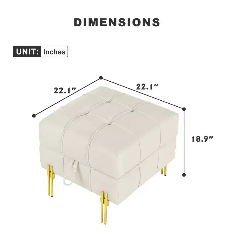TUYOHW Pouf de rangement en cuir anti-rayures de 56 cm, banc d'entrée respectueux des animaux avec pieds en acier inoxydable doré, beige