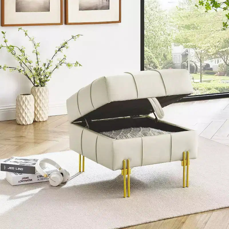 TUYOHW Pouf de rangement en cuir anti-rayures de 56 cm, banc d'entrée respectueux des animaux avec pieds en acier inoxydable doré, beige