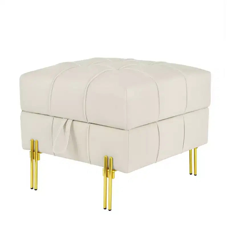 TUYOHW Pouf de rangement en cuir anti-rayures de 56 cm, banc d'entrée respectueux des animaux avec pieds en acier inoxydable doré, beige