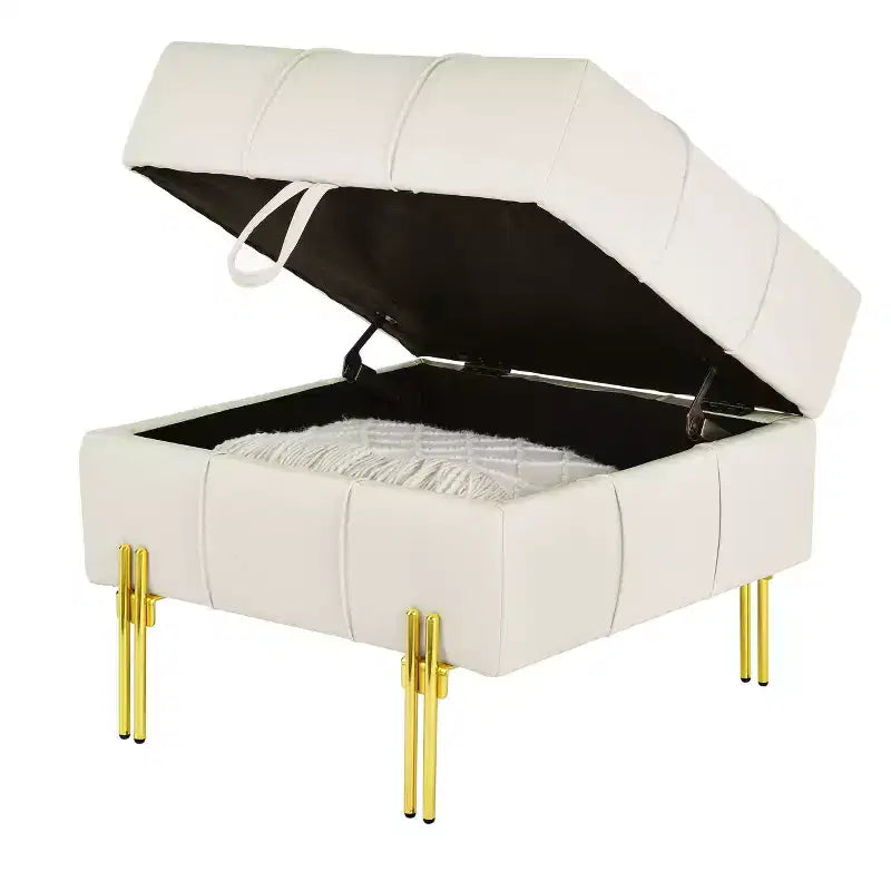 TUYOHW Pouf de rangement en cuir anti-rayures de 56 cm, banc d'entrée respectueux des animaux avec pieds en acier inoxydable doré, beige