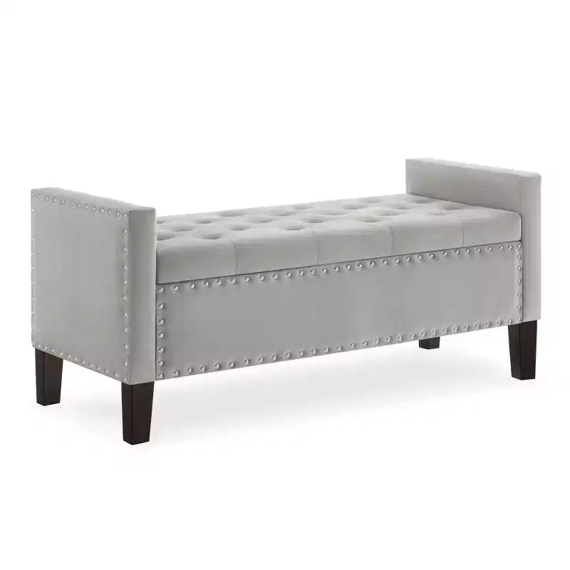 TUYOHW Banc de rangement capitonné avec boutons et clous, siège rembourré doux avec accoudoir pour entrée et salon, gris