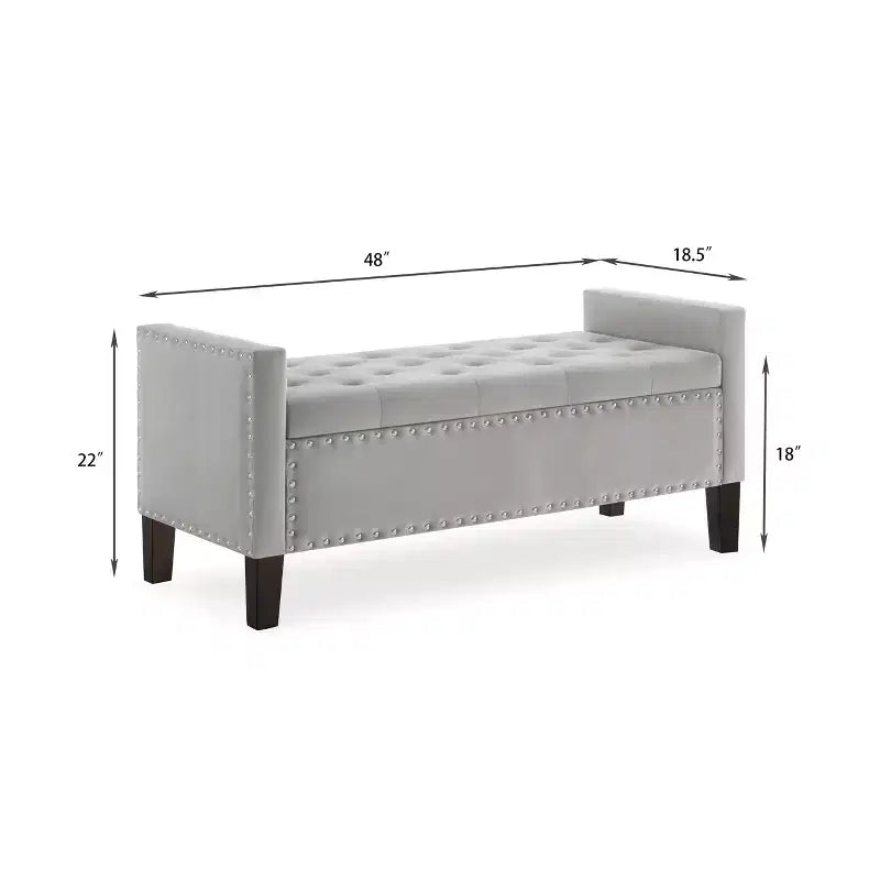 TUYOHW Banc de rangement capitonné avec boutons et clous, siège rembourré doux avec accoudoir pour entrée et salon, gris