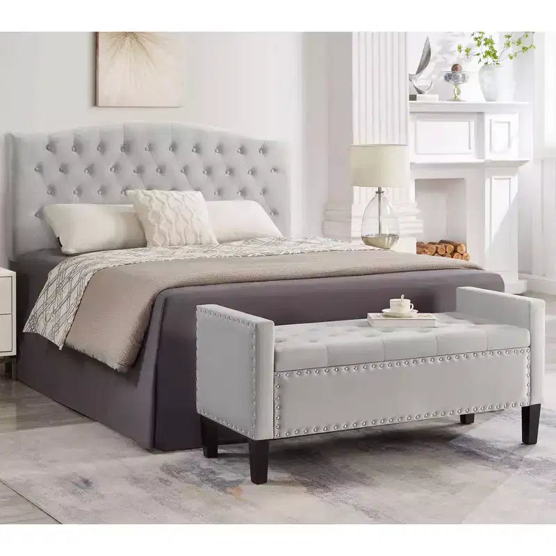 TUYOHW Banc de rangement capitonné avec boutons et clous, siège rembourré doux avec accoudoir pour entrée et salon, gris