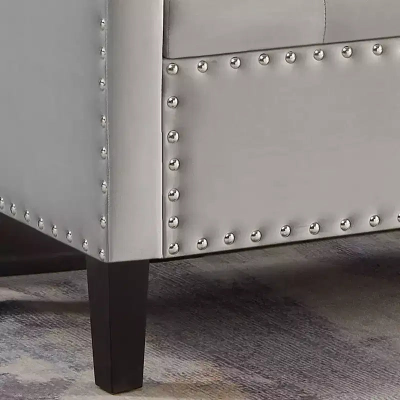 TUYOHW Banc de rangement capitonné avec boutons et clous, siège rembourré doux avec accoudoir pour entrée et salon, gris