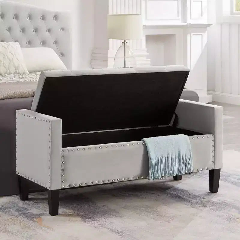 TUYOHW Banc de rangement capitonné avec boutons et clous, siège rembourré doux avec accoudoir pour entrée et salon, gris