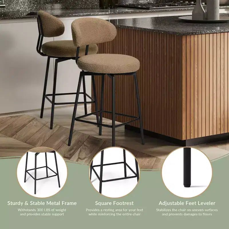 WestinTrends Alexandria Tabourets de bar à hauteur de comptoir modernes en tissu imitation fourrure de mouton avec dossier (lot de 2)