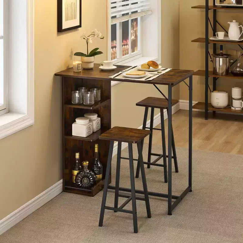 Ensemble Table de Bar et Tabourets 3 Pièces, Table à Manger à Cadre Métallique et 2 Tabourets avec Étagères de Rangement 3 Niveaux, Bar à Petit-Déjeuner Gain de Place pour Petit Appartement
