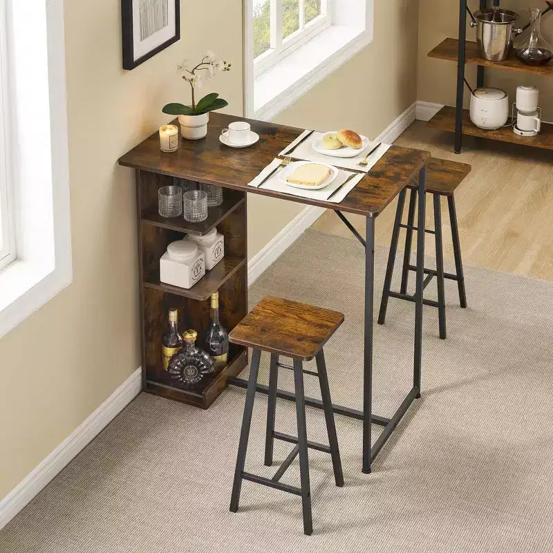 Ensemble Table de Bar et Tabourets 3 Pièces, Table à Manger à Cadre Métallique et 2 Tabourets avec Étagères de Rangement 3 Niveaux, Bar à Petit-Déjeuner Gain de Place pour Petit Appartement