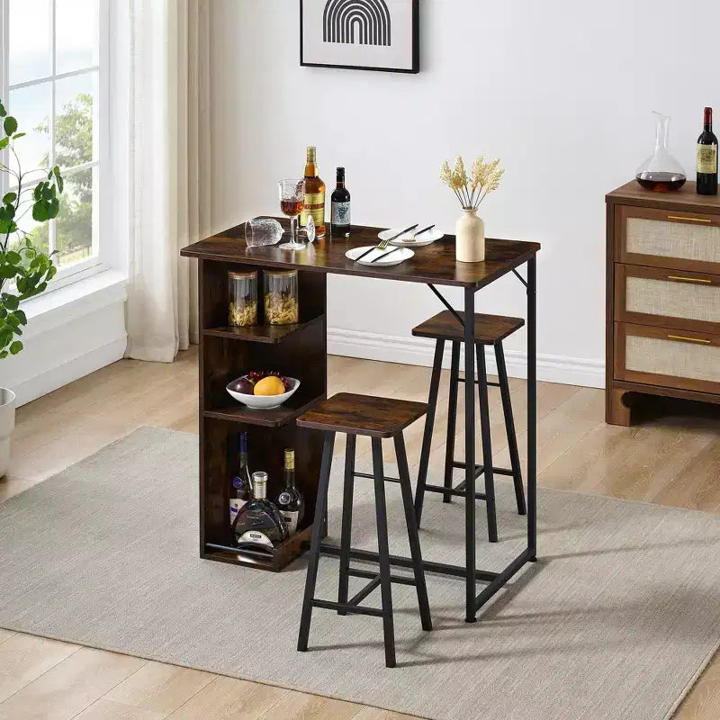Ensemble Table de Bar et Tabourets 3 Pièces, Table à Manger à Cadre Métallique et 2 Tabourets avec Étagères de Rangement 3 Niveaux, Bar à Petit-Déjeuner Gain de Place pour Petit Appartement