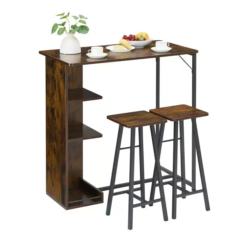 Ensemble Table de Bar et Tabourets 3 Pièces, Table à Manger à Cadre Métallique et 2 Tabourets avec Étagères de Rangement 3 Niveaux, Bar à Petit-Déjeuner Gain de Place pour Petit Appartement