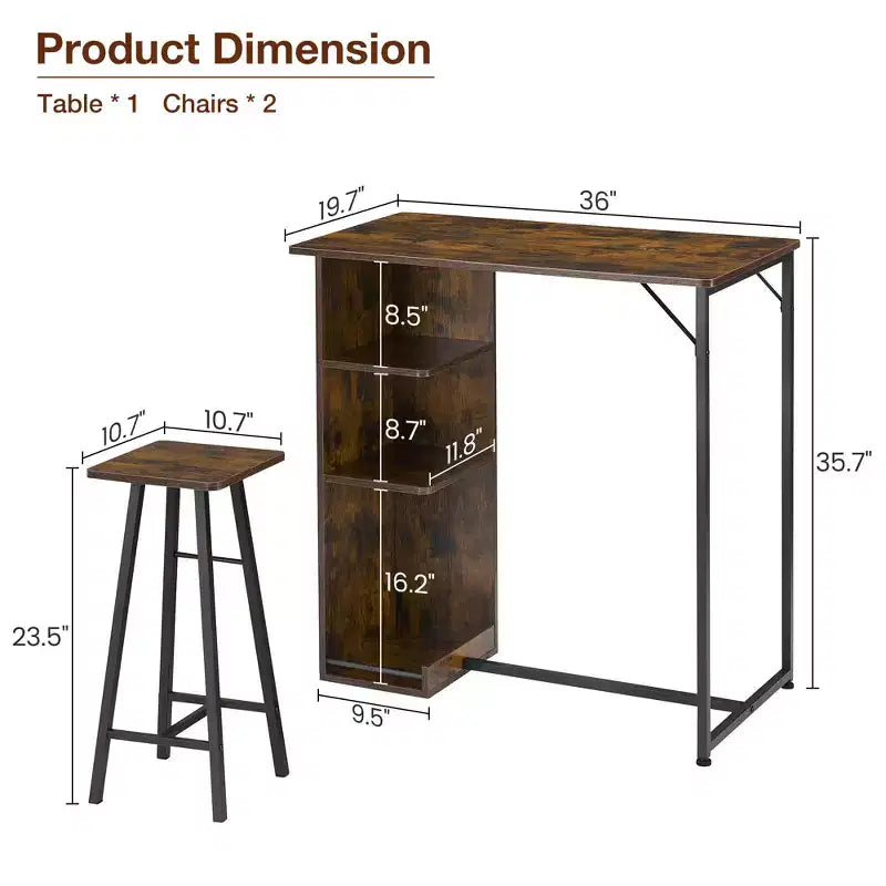 Ensemble Table de Bar et Tabourets 3 Pièces, Table à Manger à Cadre Métallique et 2 Tabourets avec Étagères de Rangement 3 Niveaux, Bar à Petit-Déjeuner Gain de Place pour Petit Appartement