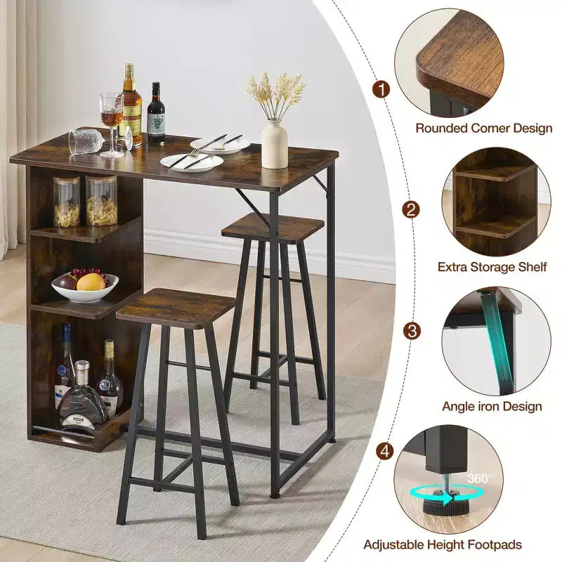 Ensemble Table de Bar et Tabourets 3 Pièces, Table à Manger à Cadre Métallique et 2 Tabourets avec Étagères de Rangement 3 Niveaux, Bar à Petit-Déjeuner Gain de Place pour Petit Appartement