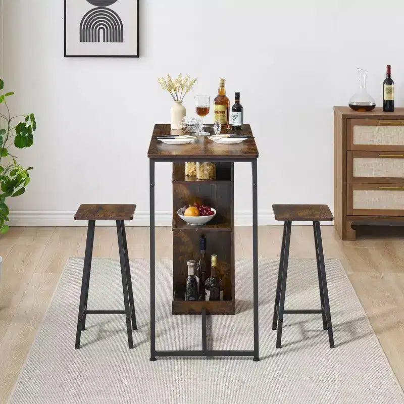 Ensemble Table de Bar et Tabourets 3 Pièces, Table à Manger à Cadre Métallique et 2 Tabourets avec Étagères de Rangement 3 Niveaux, Bar à Petit-Déjeuner Gain de Place pour Petit Appartement