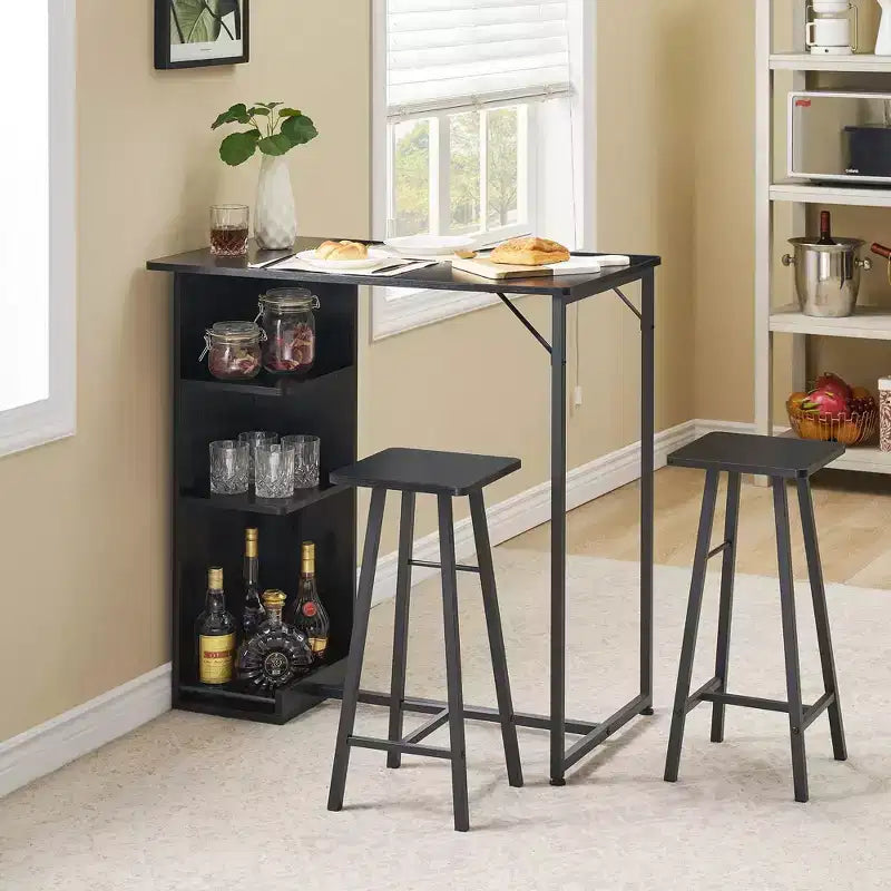 Ensemble Table de Bar et Tabourets 3 Pièces, Table à Manger à Cadre Métallique et 2 Tabourets avec Étagères de Rangement 3 Niveaux, Bar à Petit-Déjeuner Gain de Place pour Petit Appartement