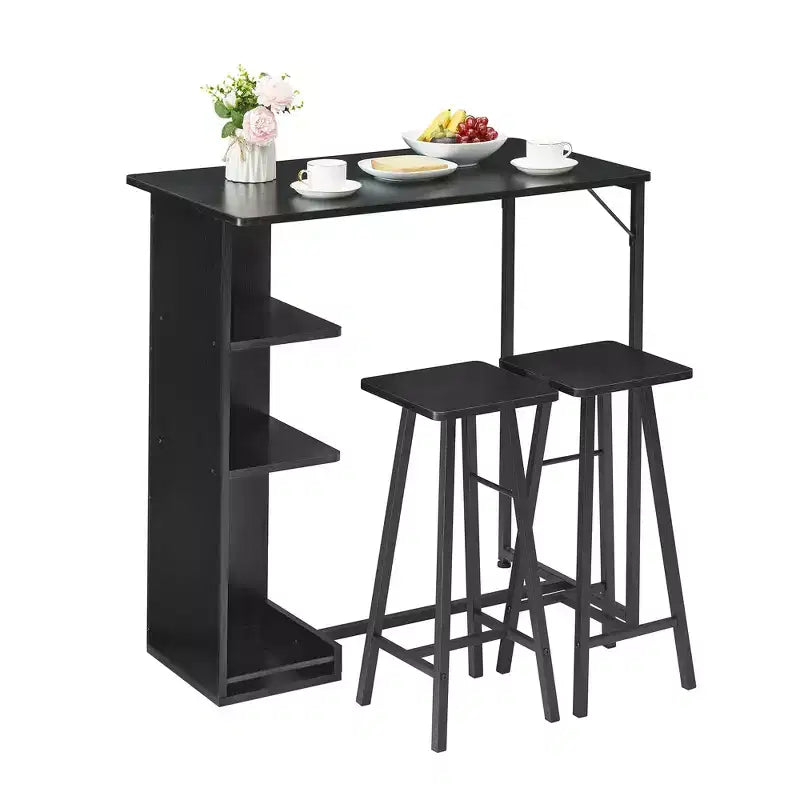 Ensemble Table de Bar et Tabourets 3 Pièces, Table à Manger à Cadre Métallique et 2 Tabourets avec Étagères de Rangement 3 Niveaux, Bar à Petit-Déjeuner Gain de Place pour Petit Appartement