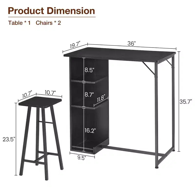 Ensemble Table de Bar et Tabourets 3 Pièces, Table à Manger à Cadre Métallique et 2 Tabourets avec Étagères de Rangement 3 Niveaux, Bar à Petit-Déjeuner Gain de Place pour Petit Appartement