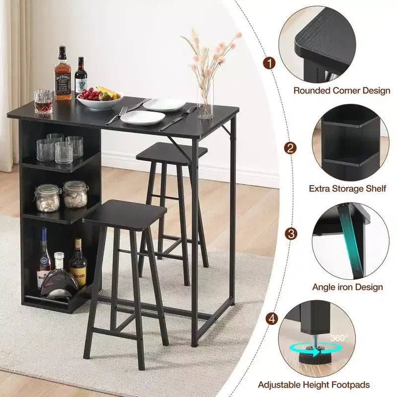 Ensemble Table de Bar et Tabourets 3 Pièces, Table à Manger à Cadre Métallique et 2 Tabourets avec Étagères de Rangement 3 Niveaux, Bar à Petit-Déjeuner Gain de Place pour Petit Appartement