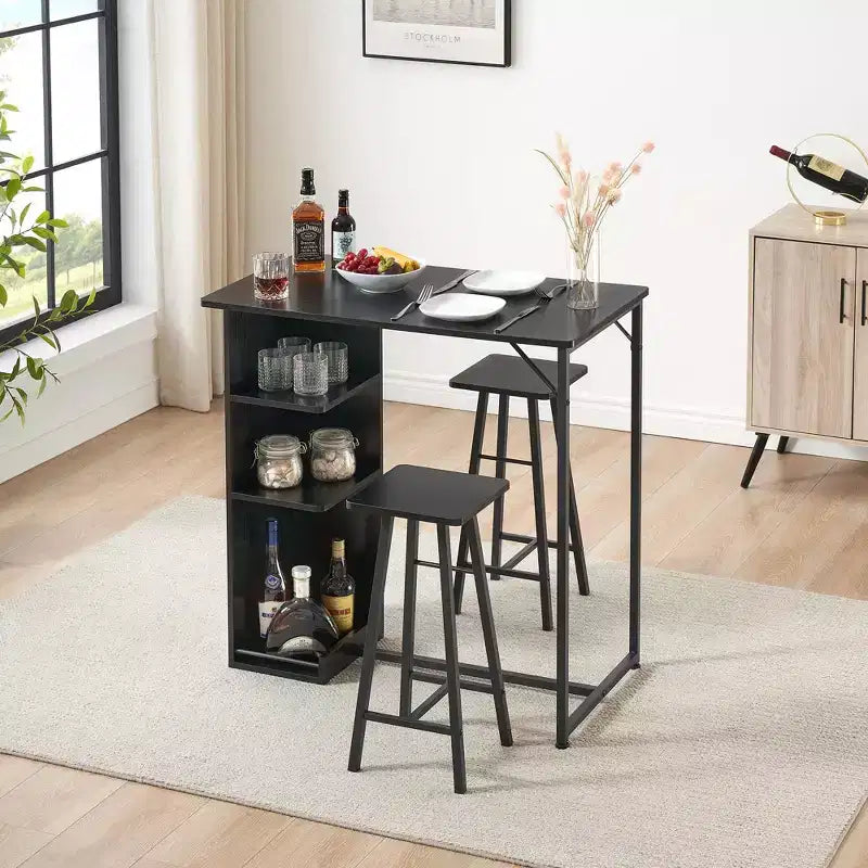 Ensemble Table de Bar et Tabourets 3 Pièces, Table à Manger à Cadre Métallique et 2 Tabourets avec Étagères de Rangement 3 Niveaux, Bar à Petit-Déjeuner Gain de Place pour Petit Appartement