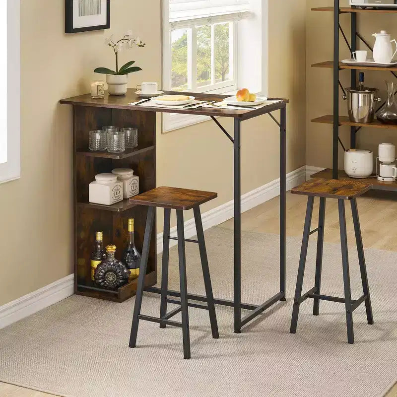 Ensemble Table de Bar et Tabourets 3 Pièces, Table à Manger à Cadre Métallique et 2 Tabourets avec Étagères de Rangement 3 Niveaux, Bar à Petit-Déjeuner Gain de Place pour Petit Appartement