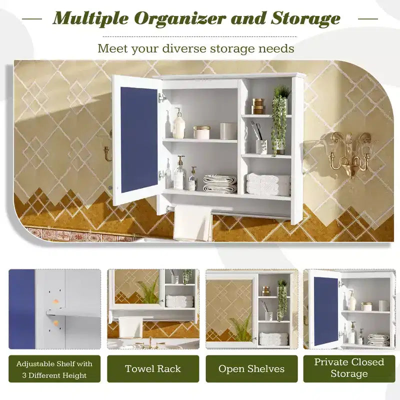 Meuble de rangement mural 2 en 1 de 76 cm avec miroir et étagère réglable, organisateur de chambre à coucher