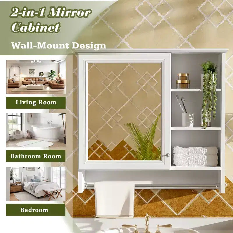 Meuble de rangement mural 2 en 1 de 76 cm avec miroir et étagère réglable, organisateur de chambre à coucher