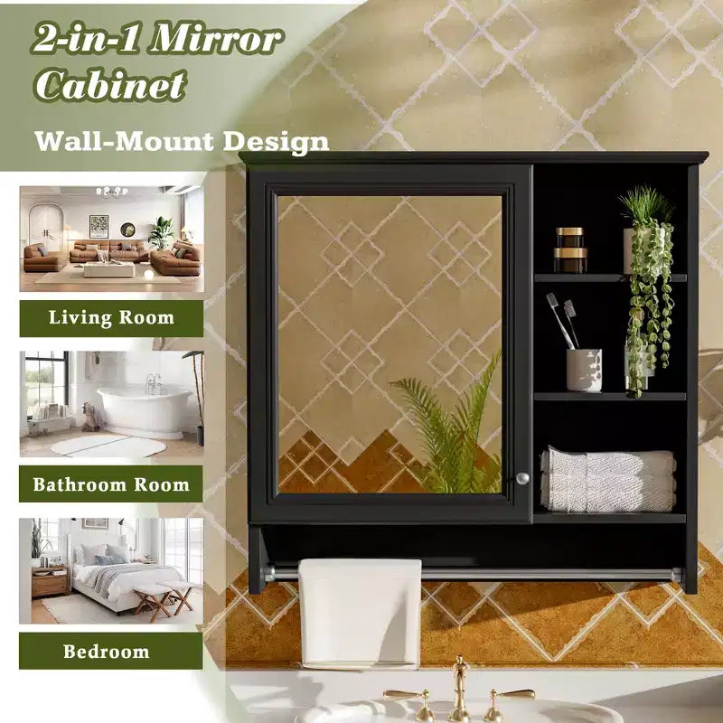 Meuble de rangement mural 2 en 1 de 76 cm avec miroir et étagère réglable, organisateur de chambre à coucher