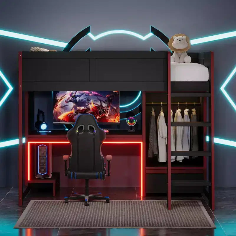 Lit mezzanine de jeu simple/double avec bureau intégré, armoire, LED et un tiroir, cadre en bois de pin, noir - ModernLuxe
