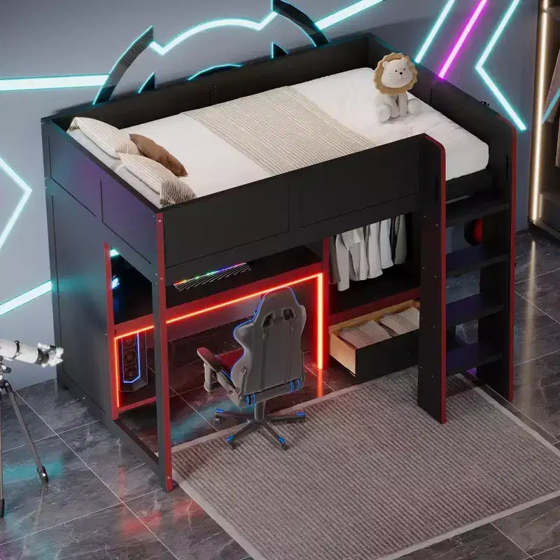 Lit mezzanine de jeu simple/double avec bureau intégré, armoire, LED et un tiroir, cadre en bois de pin, noir - ModernLuxe