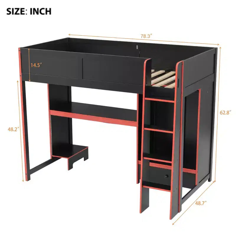 Lit mezzanine de jeu simple/double avec bureau intégré, armoire, LED et un tiroir, cadre en bois de pin, noir - ModernLuxe