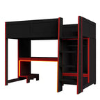 Lit mezzanine de jeu simple/double avec bureau intégré, armoire, LED et un tiroir, cadre en bois de pin, noir - ModernLuxe