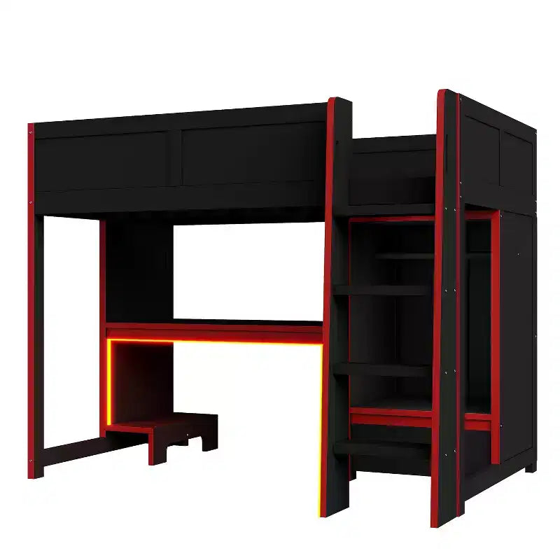 Lit mezzanine de jeu simple/double avec bureau intégré, armoire, LED et un tiroir, cadre en bois de pin, noir - ModernLuxe
