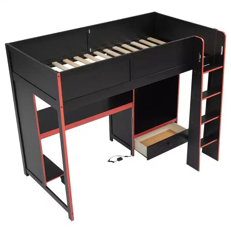 Lit mezzanine de jeu simple/double avec bureau intégré, armoire, LED et un tiroir, cadre en bois de pin, noir - ModernLuxe