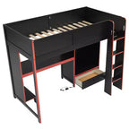 Lit mezzanine de jeu simple/double avec bureau intégré, armoire, LED et un tiroir, cadre en bois de pin, noir - ModernLuxe