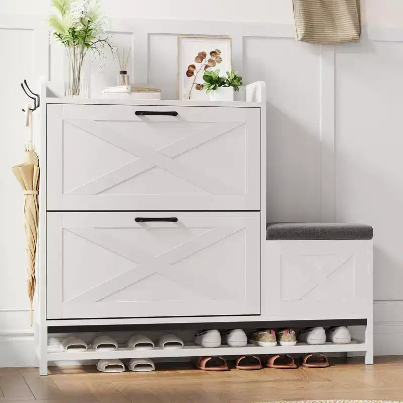 Meuble à chaussures GustoWave avec 2 tiroirs basculants et banc de rangement, étagère à chaussures autoportante en bois de style ferme avec 2 crochets et étagère inférieure pour entrée