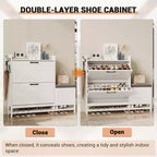 Meuble à chaussures GustoWave avec 2 tiroirs basculants et banc de rangement, étagère à chaussures autoportante en bois de style ferme avec 2 crochets et étagère inférieure pour entrée