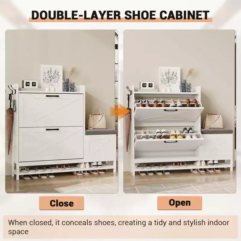 Meuble à chaussures GustoWave avec 2 tiroirs basculants et banc de rangement, étagère à chaussures autoportante en bois de style ferme avec 2 crochets et étagère inférieure pour entrée
