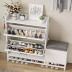 Meuble à chaussures GustoWave avec 2 tiroirs basculants et banc de rangement, étagère à chaussures autoportante en bois de style ferme avec 2 crochets et étagère inférieure pour entrée