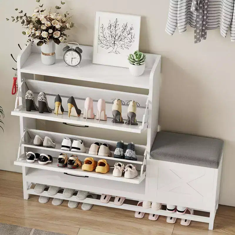 Meuble à chaussures GustoWave avec 2 tiroirs basculants et banc de rangement, étagère à chaussures autoportante en bois de style ferme avec 2 crochets et étagère inférieure pour entrée