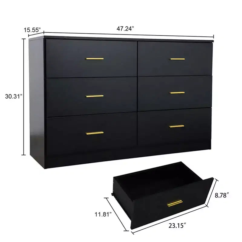 Commode de chambre à 6/9 tiroirs, commode large avec poignées dorées - ModernLuxe