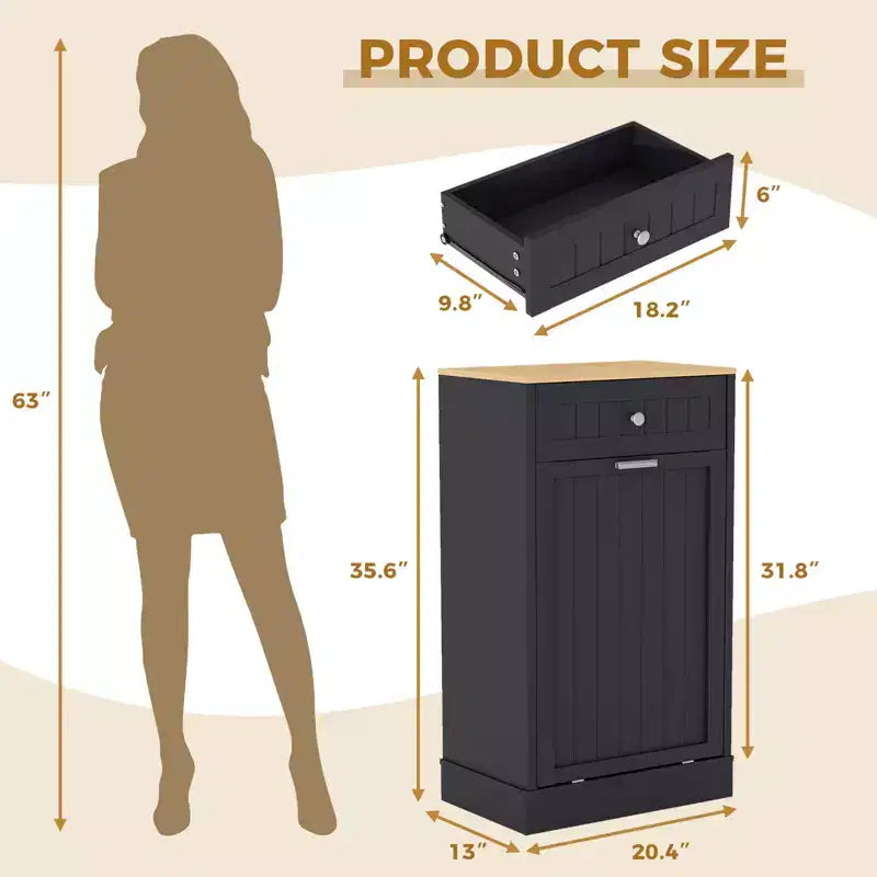 Meuble Poubelle Inclinable de 38 Litres, Meuble Poubelle Dissimulé Autonome avec Plan de Travail et Tiroir, Meuble de Recyclage Anti-Animaux, Panier à Linge Inclinable