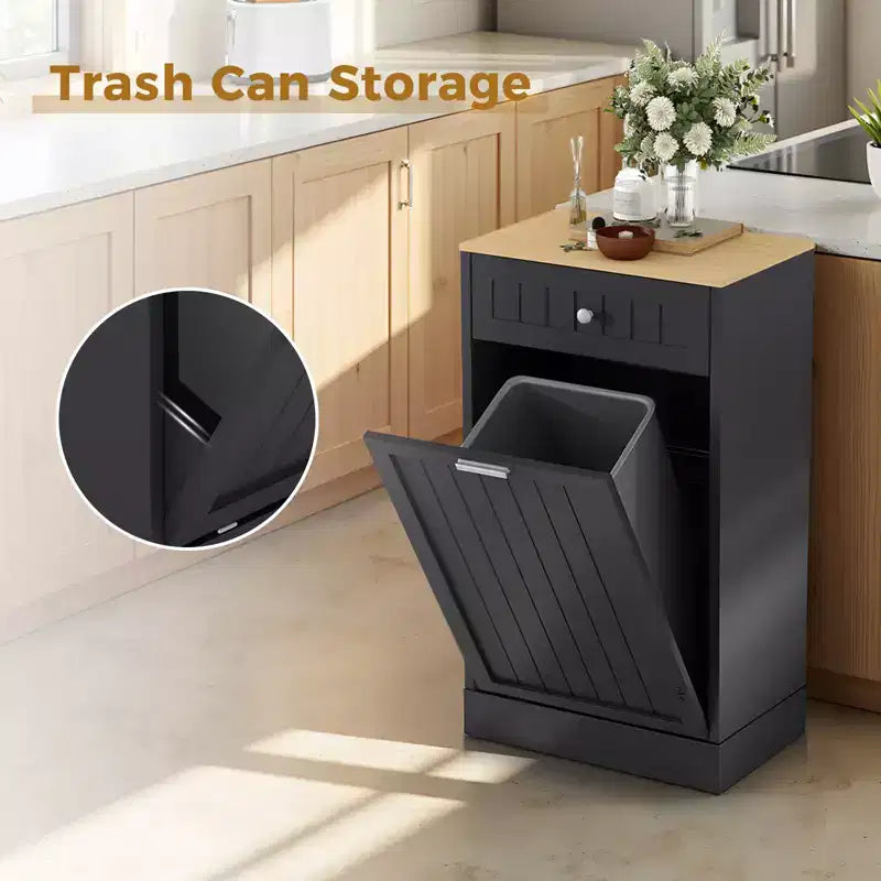 Meuble Poubelle Inclinable de 38 Litres, Meuble Poubelle Dissimulé Autonome avec Plan de Travail et Tiroir, Meuble de Recyclage Anti-Animaux, Panier à Linge Inclinable