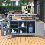 CLIHOME Îlot de cuisine d'extérieur, chariot de bar roulant et armoire de rangement, table de barbecue d'extérieur de style ferme avec plateau en acier inoxydable, porte-serviettes
