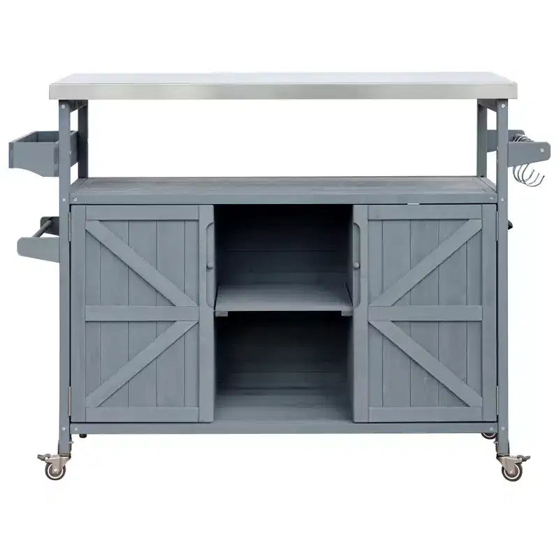 CLIHOME Îlot de cuisine d'extérieur, chariot de bar roulant et armoire de rangement, table de barbecue d'extérieur de style ferme avec plateau en acier inoxydable, porte-serviettes