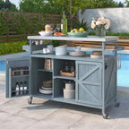 CLIHOME Îlot de cuisine d'extérieur, chariot de bar roulant et armoire de rangement, table de barbecue d'extérieur de style ferme avec plateau en acier inoxydable, porte-serviettes
