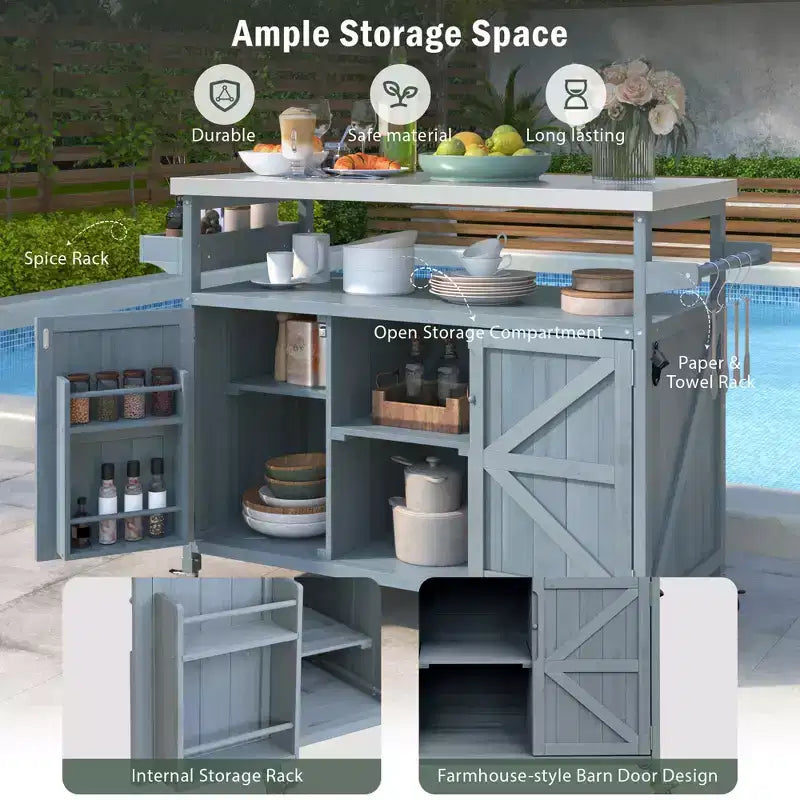 CLIHOME Îlot de cuisine d'extérieur, chariot de bar roulant et armoire de rangement, table de barbecue d'extérieur de style ferme avec plateau en acier inoxydable, porte-serviettes