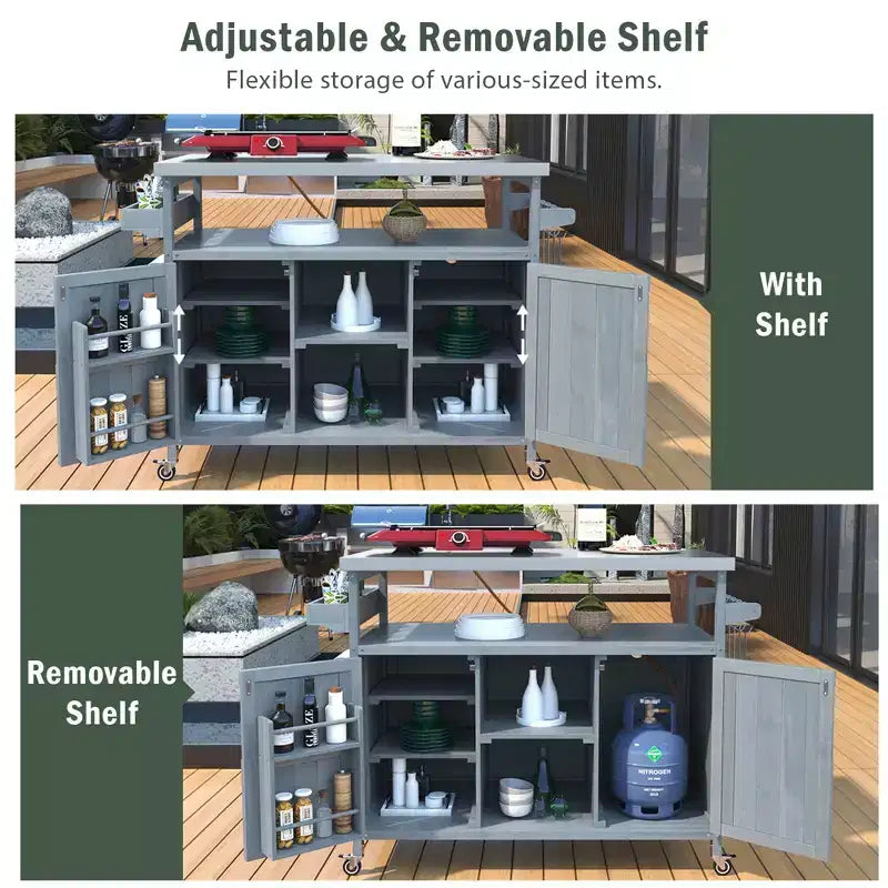 CLIHOME Îlot de cuisine d'extérieur, chariot de bar roulant et armoire de rangement, table de barbecue d'extérieur de style ferme avec plateau en acier inoxydable, porte-serviettes