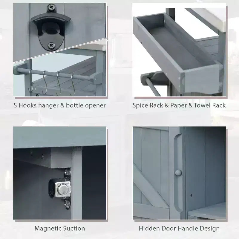 CLIHOME Îlot de cuisine d'extérieur, chariot de bar roulant et armoire de rangement, table de barbecue d'extérieur de style ferme avec plateau en acier inoxydable, porte-serviettes